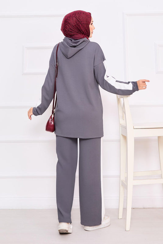 Two-Tone Hooded Hijab Two-Piece Suit Gray