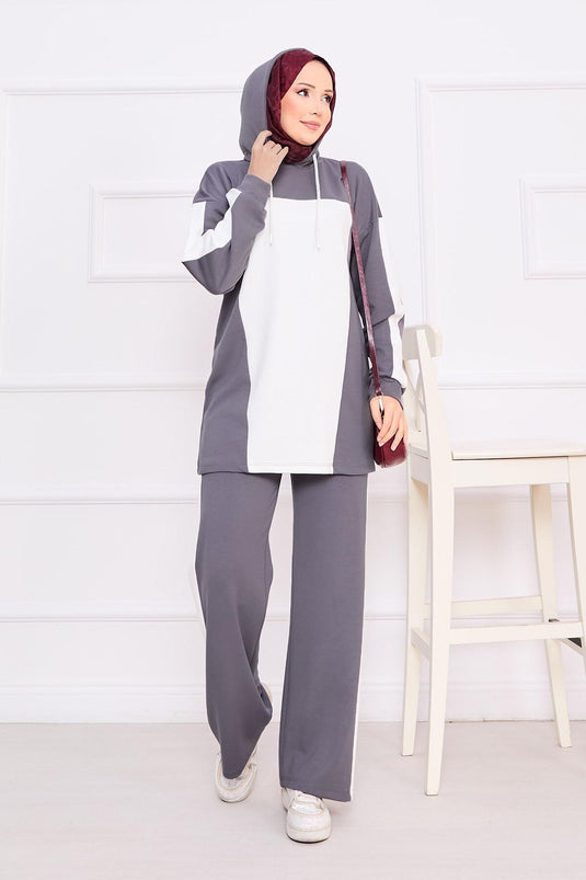 Two-Tone Hooded Hijab Two-Piece Suit Gray