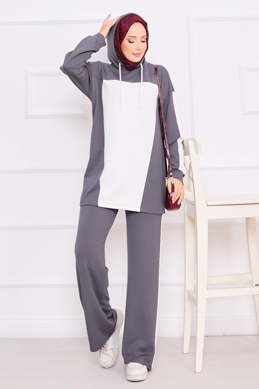 Two-Tone Hooded Hijab Two-Piece Suit Gray
