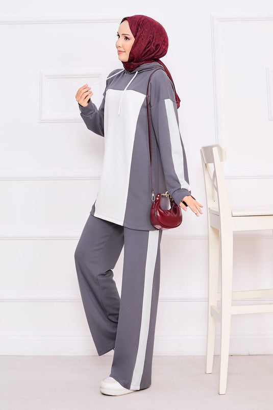 Two-Tone Hooded Hijab Two-Piece Suit Gray