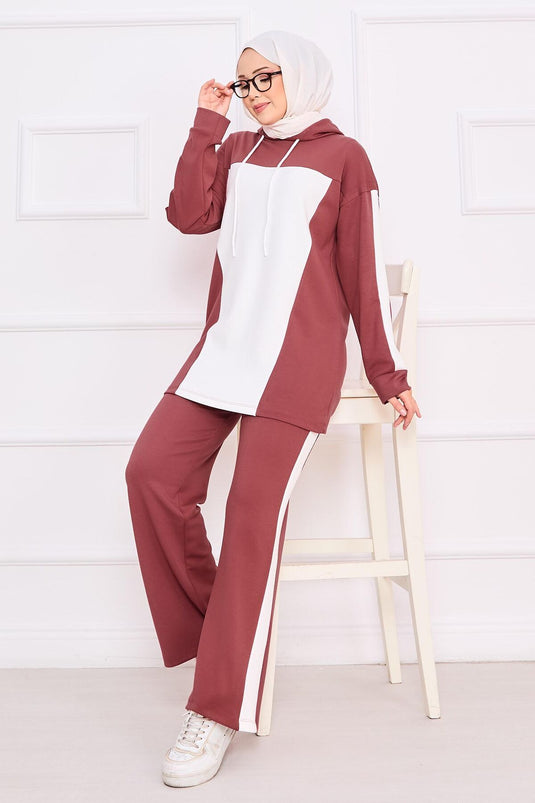 Two-Tone Hooded Hijab Two-Piece Set Rose