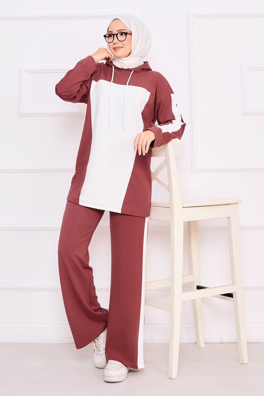 Two-Tone Hooded Hijab Two-Piece Set Rose