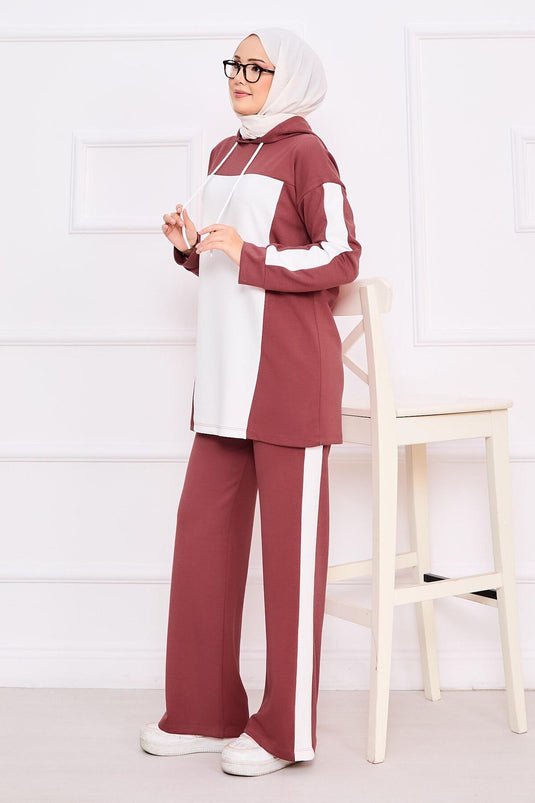 Two-Tone Hooded Hijab Two-Piece Set Rose