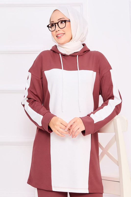 Two-Tone Hooded Hijab Two-Piece Set Rose
