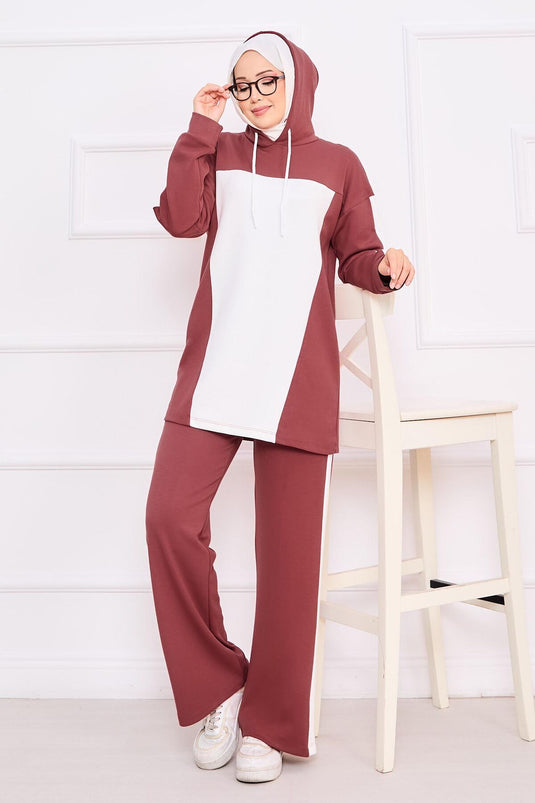 Two-Tone Hooded Hijab Two-Piece Set Rose