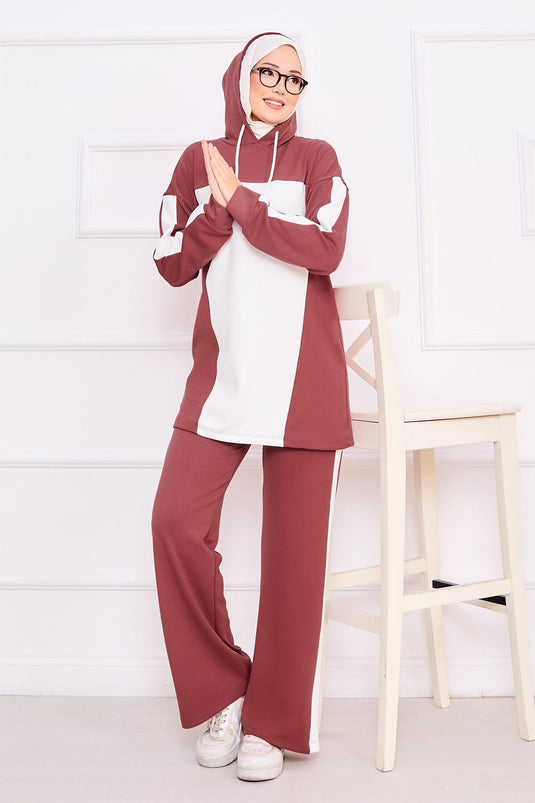 Two-Tone Hooded Hijab Two-Piece Set Rose