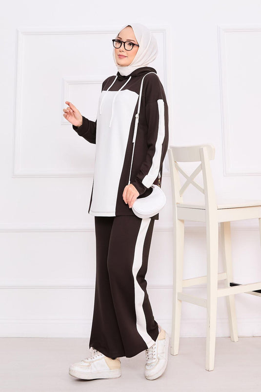 Two-Tone Hooded Hijab Two-Piece Suit Brown