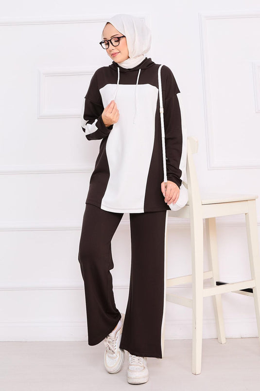 Two-Tone Hooded Hijab Two-Piece Suit Brown