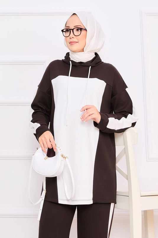 Two-Tone Hooded Hijab Two-Piece Suit Brown