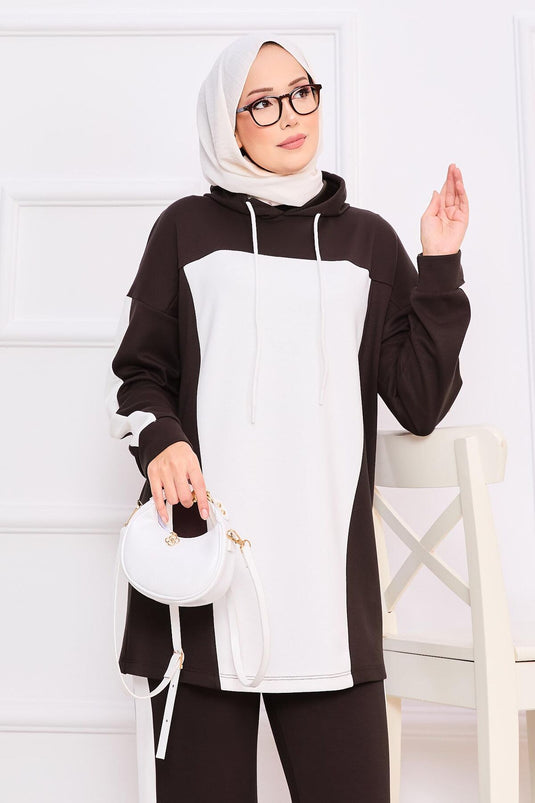 Two-Tone Hooded Hijab Two-Piece Suit Brown