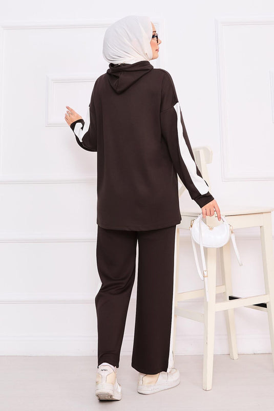 Two-Tone Hooded Hijab Two-Piece Suit Brown