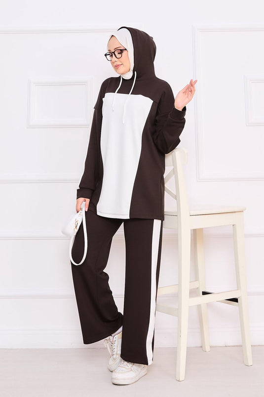 Two-Tone Hooded Hijab Two-Piece Suit Brown