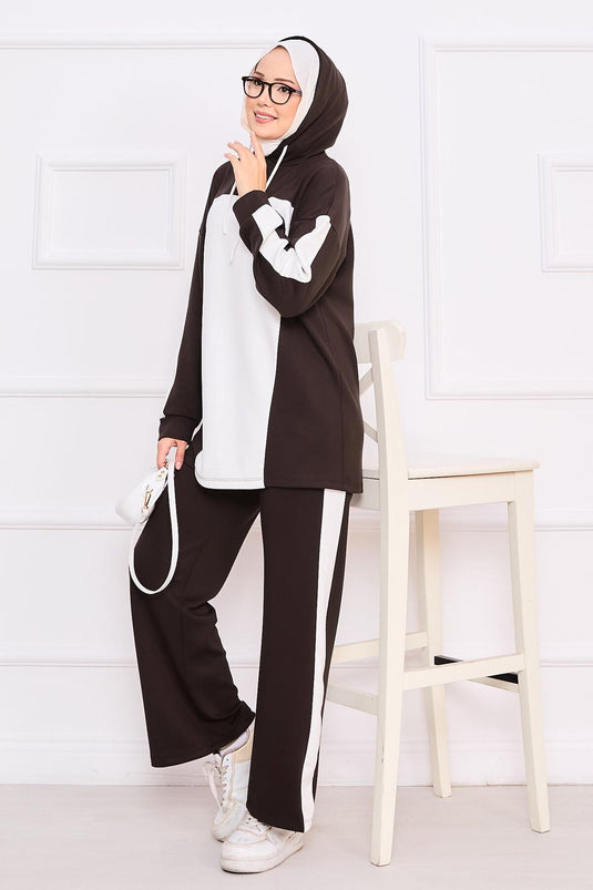 Two-Tone Hooded Hijab Two-Piece Suit Brown