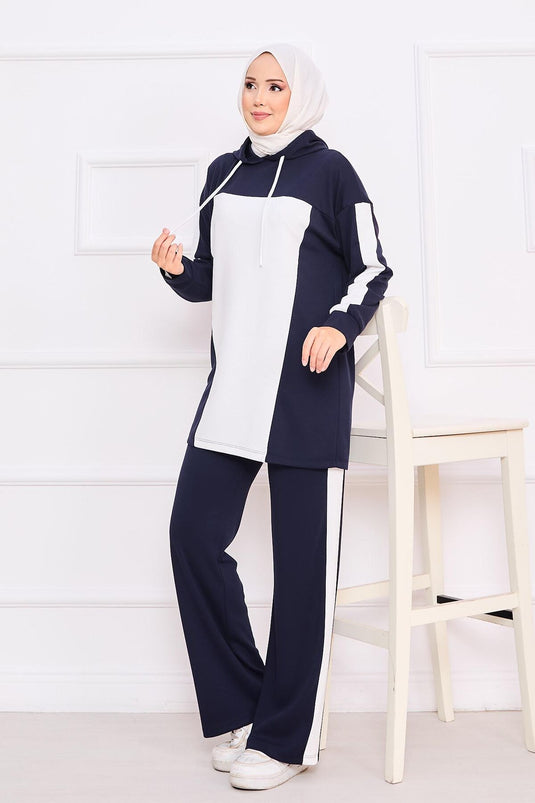 Two-Tone Hooded Hijab Two-Piece Suit Navy Blue