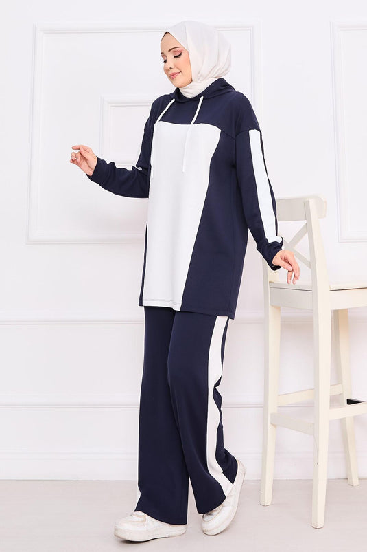 Two-Tone Hooded Hijab Two-Piece Suit Navy Blue