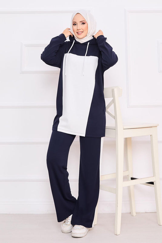 Two-Tone Hooded Hijab Two-Piece Suit Navy Blue
