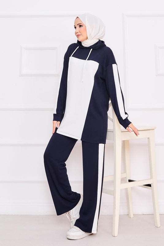Two-Tone Hooded Hijab Two-Piece Suit Navy Blue