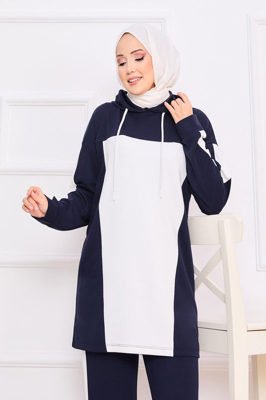 Two-Tone Hooded Hijab Two-Piece Suit Navy Blue