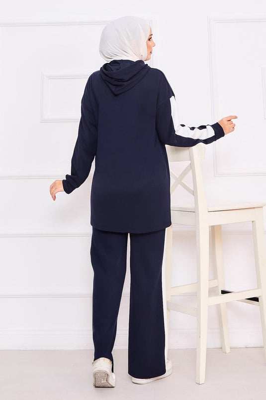 Two-Tone Hooded Hijab Two-Piece Suit Navy Blue