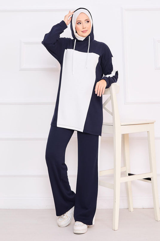 Two-Tone Hooded Hijab Two-Piece Suit Navy Blue