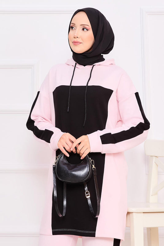 طقم حجاب بغطاء للرأس ثنائي اللون من قطعتين - بودرة
