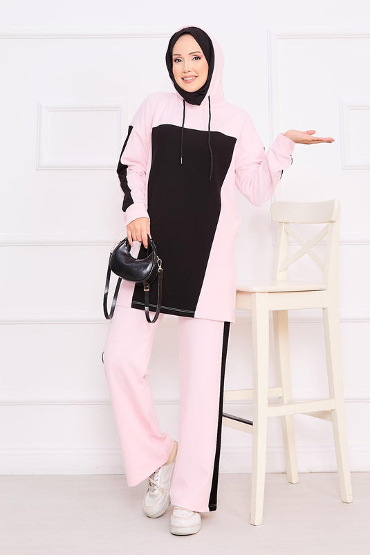 طقم حجاب بغطاء للرأس ثنائي اللون من قطعتين - بودرة