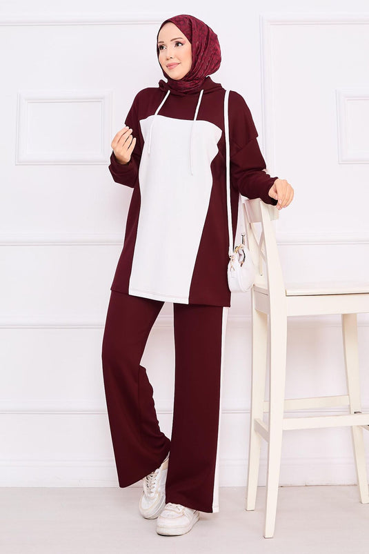 طقم حجاب بغطاء للرأس ثنائي اللون من قطعتين - نبيذي