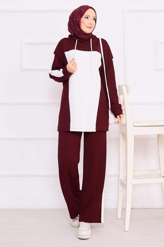 طقم حجاب بغطاء للرأس ثنائي اللون من قطعتين - نبيذي