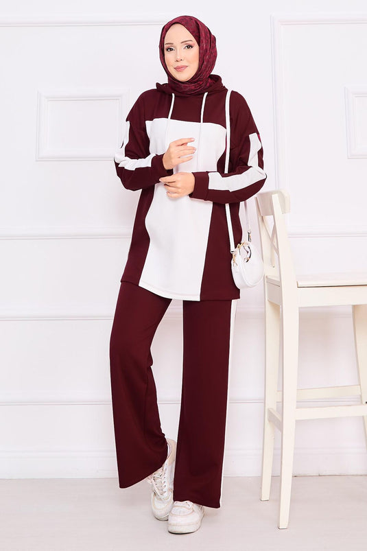 طقم حجاب بغطاء للرأس ثنائي اللون من قطعتين - نبيذي
