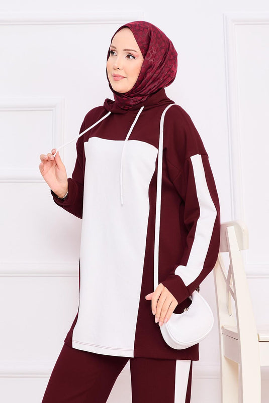 Two-Tone Hooded Hijab Two Piece Set Wine