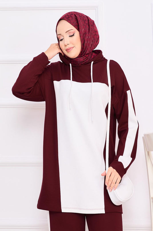 طقم حجاب بغطاء للرأس ثنائي اللون من قطعتين - نبيذي