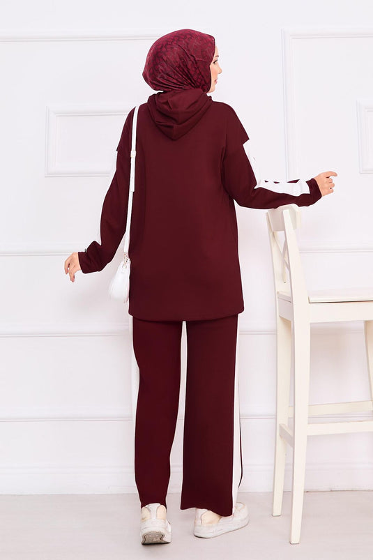 طقم حجاب بغطاء للرأس ثنائي اللون من قطعتين - نبيذي
