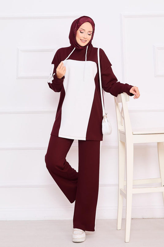 طقم حجاب بغطاء للرأس ثنائي اللون من قطعتين - نبيذي
