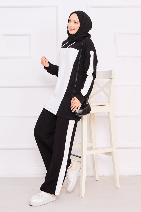 Two-Tone Hooded Hijab Two-Piece Suit Black