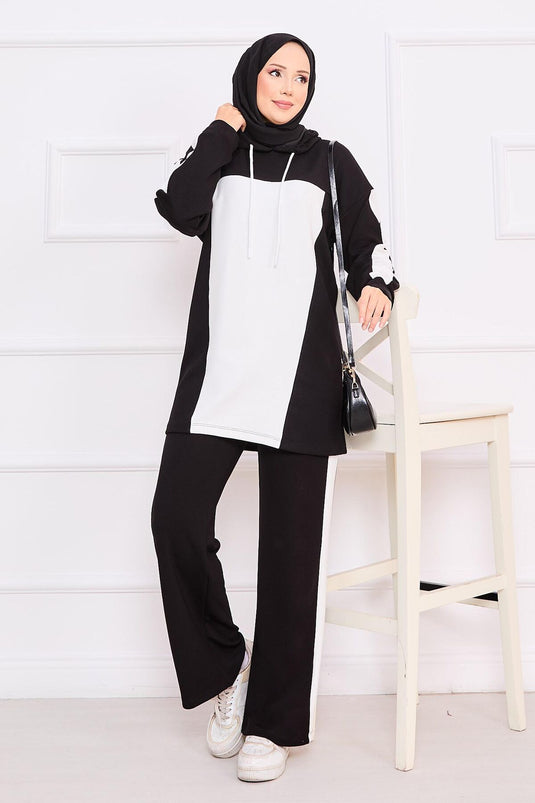 Two-Tone Hooded Hijab Two-Piece Suit Black