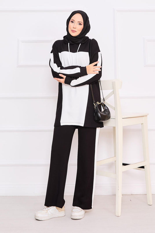 Two-Tone Hooded Hijab Two-Piece Suit Black