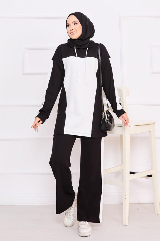 Two-Tone Hooded Hijab Two-Piece Suit Black