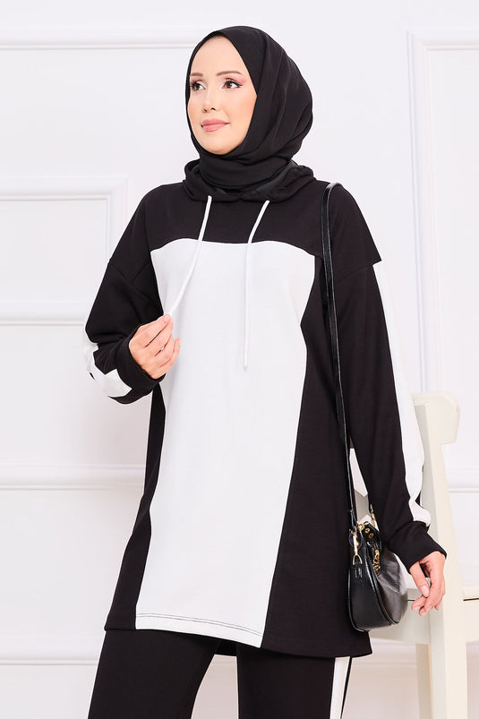 Two-Tone Hooded Hijab Two-Piece Suit Black