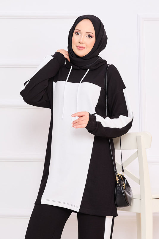 Two-Tone Hooded Hijab Two-Piece Suit Black