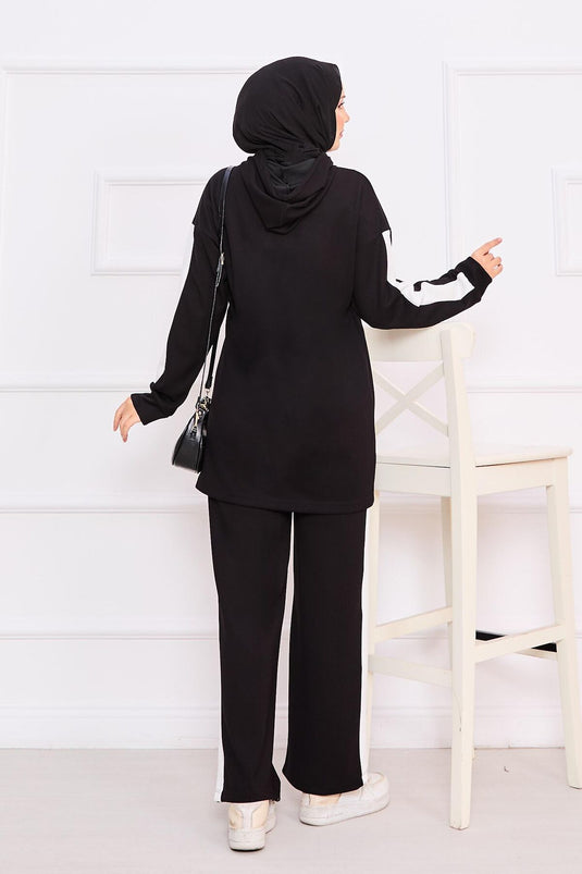 Two-Tone Hooded Hijab Two-Piece Suit Black