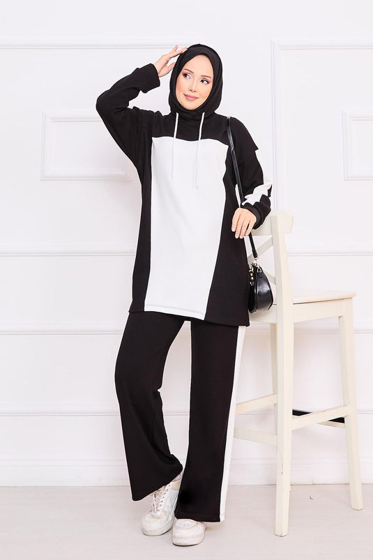 Two-Tone Hooded Hijab Two-Piece Suit Black