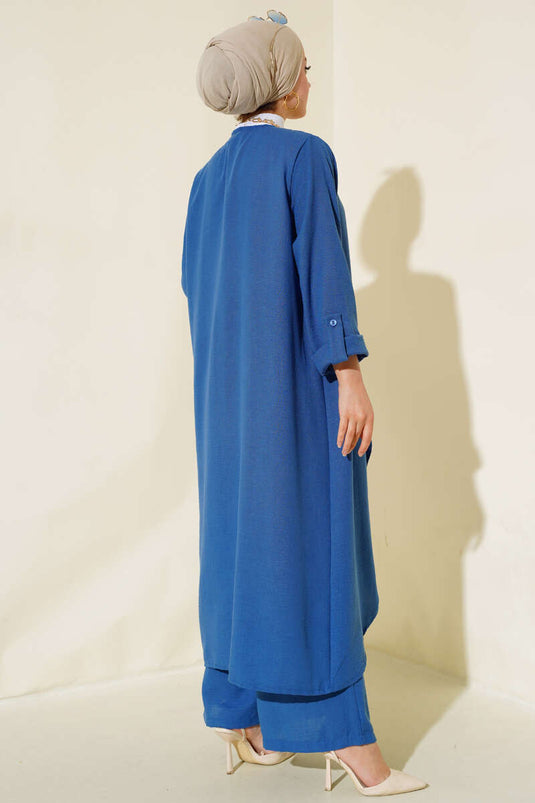 بدلة كتان طويلة مزدوجة باللون النيلي