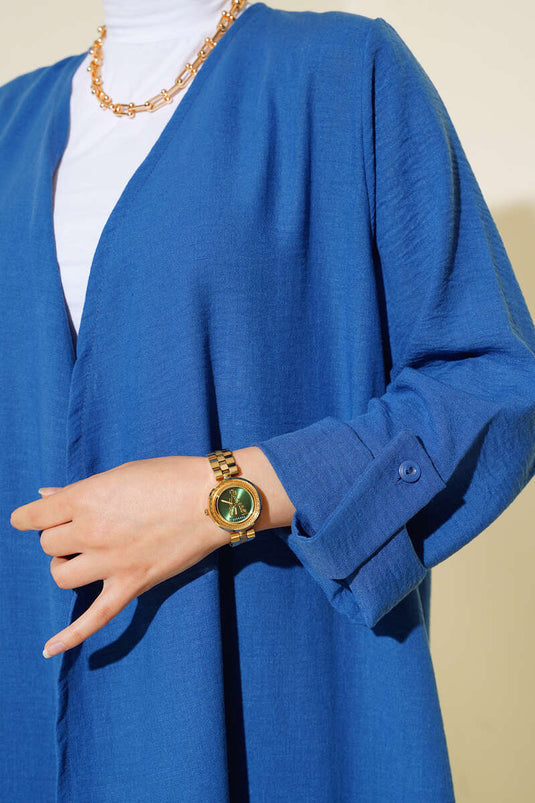 بدلة كتان طويلة مزدوجة باللون النيلي