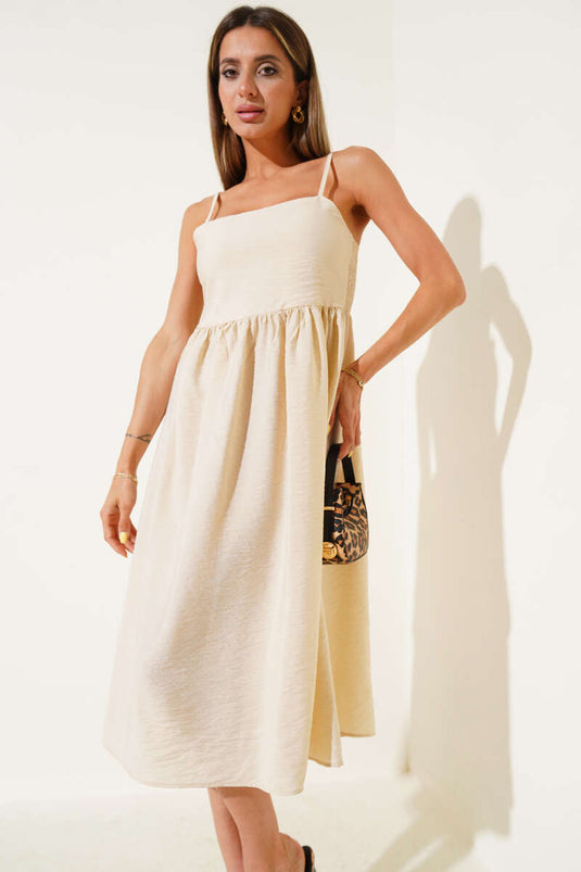 İnce Askılı Gipeli Elbise Bej