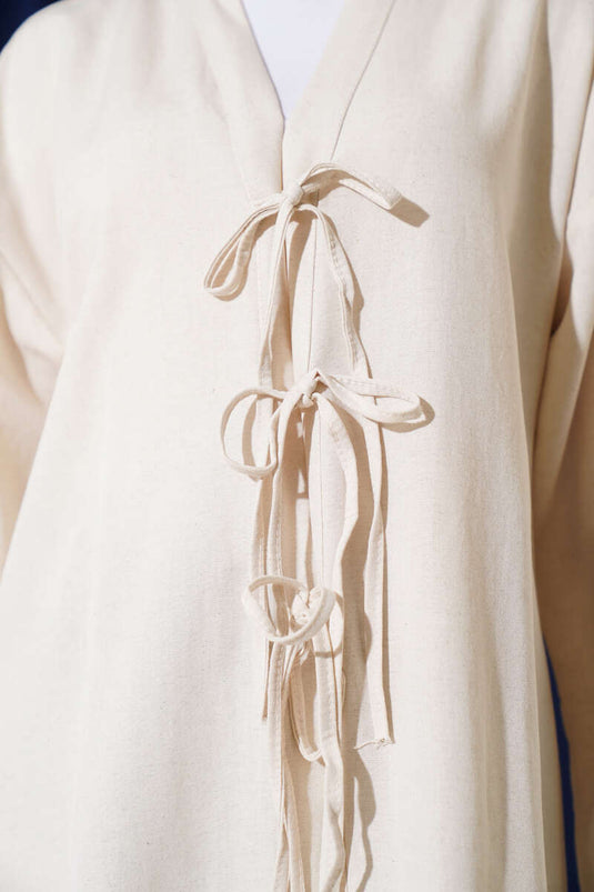 İnce Bağcıklı Önden Bağlamalı Kimono Bej