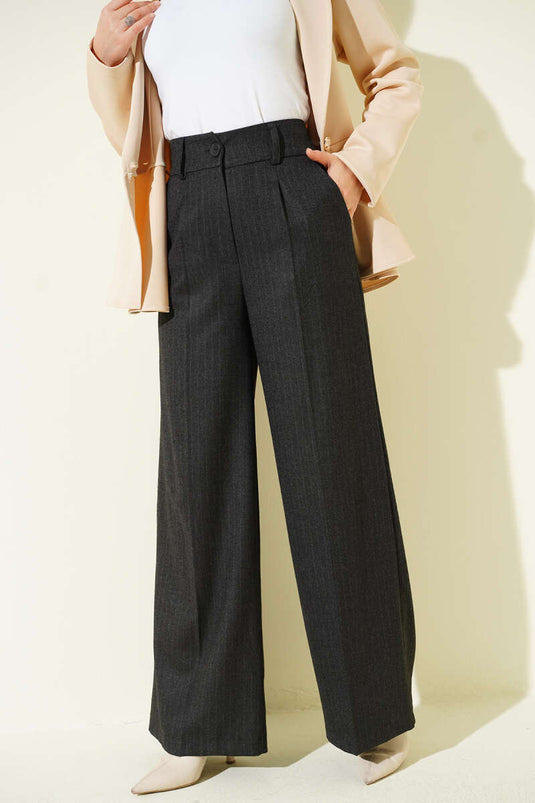 İnce Çizgi Detay Geniş Paça Pantolon Antrasit