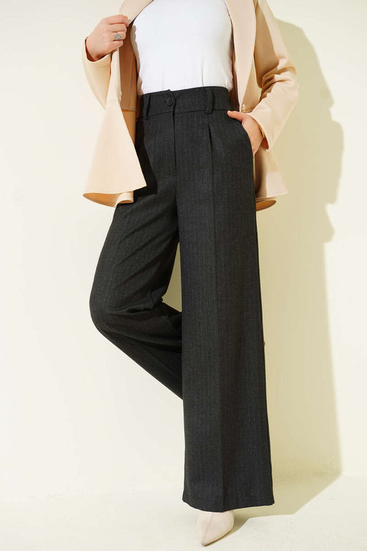 İnce Çizgi Detay Geniş Paça Pantolon Antrasit