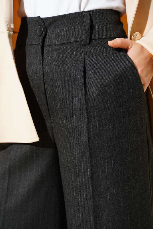 İnce Çizgi Detay Geniş Paça Pantolon Antrasit