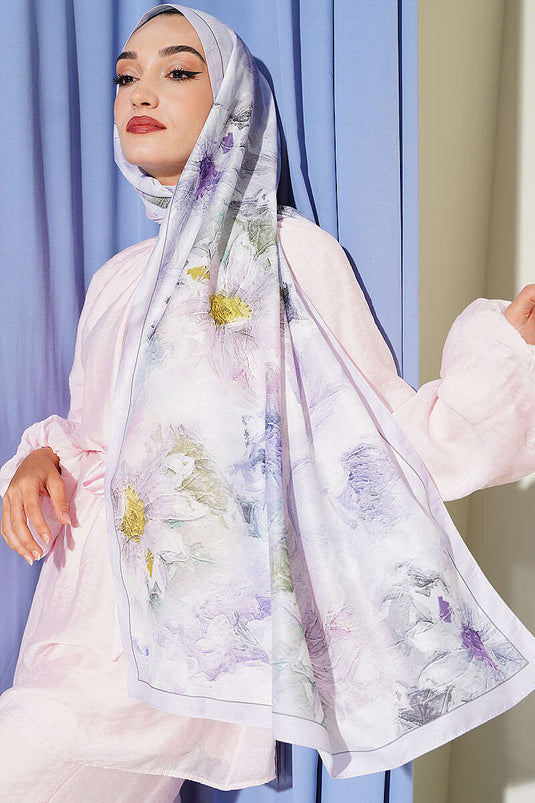 Light Lilac Floral Shawl With Fine Line Detail