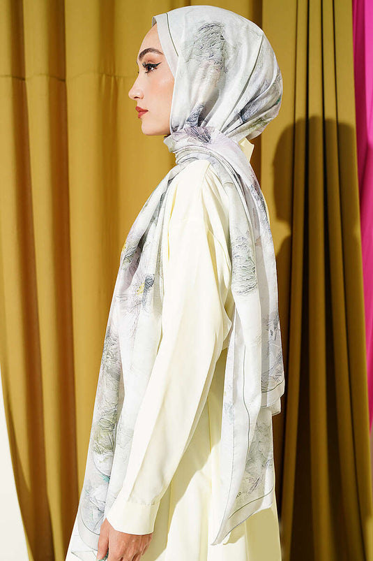 Light Green Floral Shawl With Thin Striped Detail